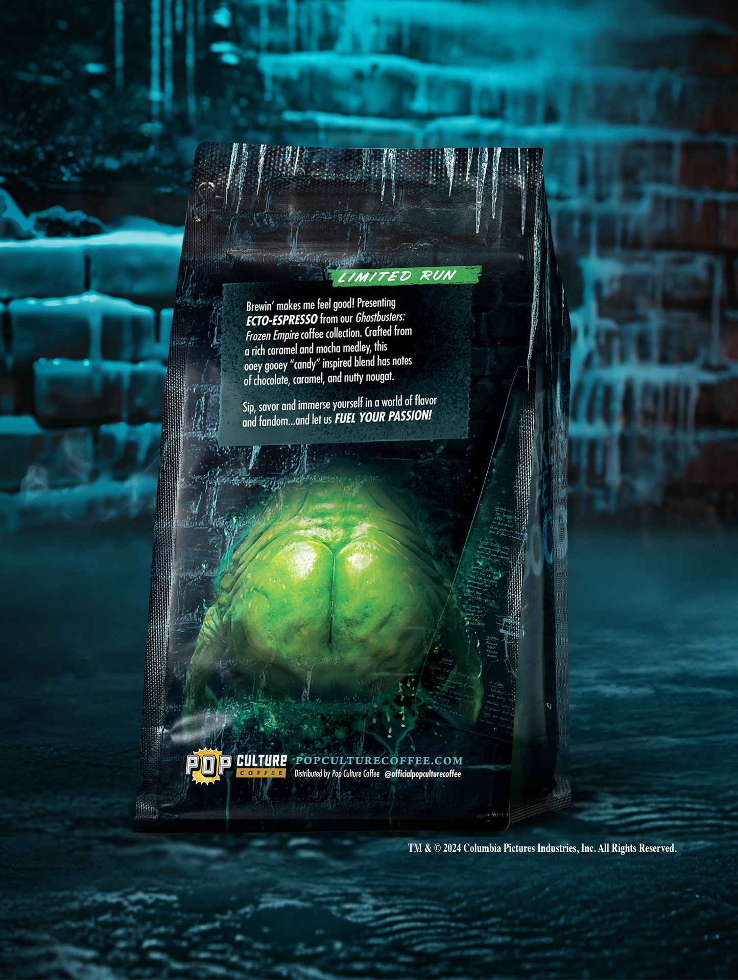 A 12oz bag of Ghostbusters Ecto-Espresso coffee, featuring collectible themed artwork.