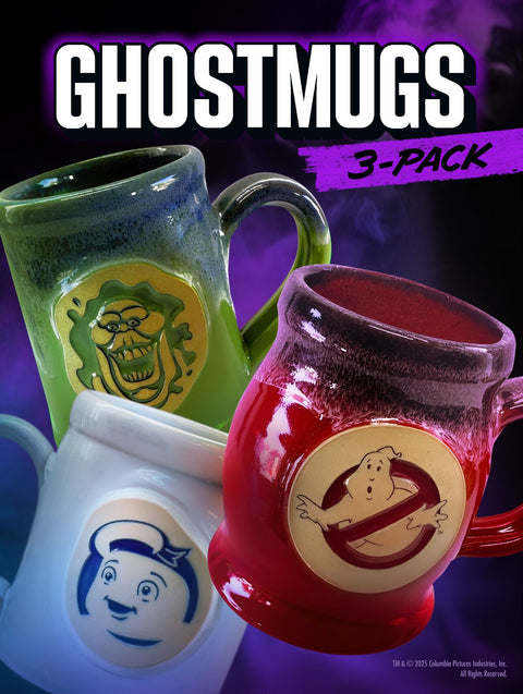 The complete Ghostbusters Mug Trio, showing the Mini Puft, Slimer, and No-Ghost Logo mugs together as a set.