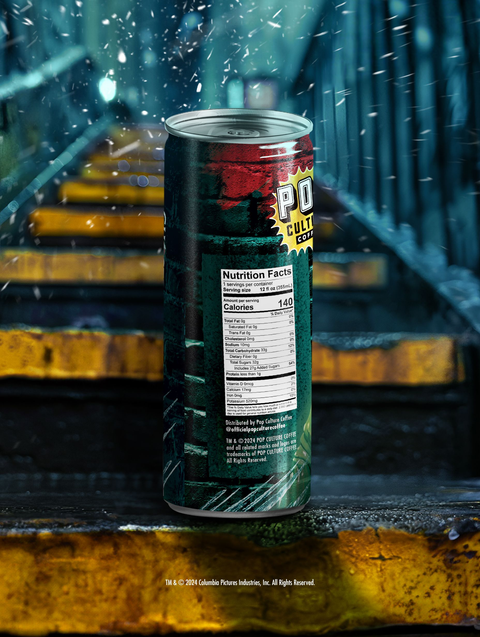 A close-up of a single can of Ecto-Espresso cold brew, showing the detailed artwork of Slimer.