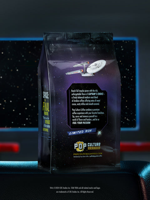 The Star Trek Captain's Choice coffee bag, featuring collectible Starfleet-themed artwork.