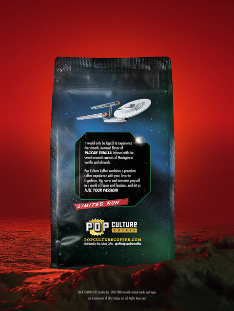 The Star Trek Vulcan Vanilla coffee bag, featuring collectible Vulcan-themed artwork.