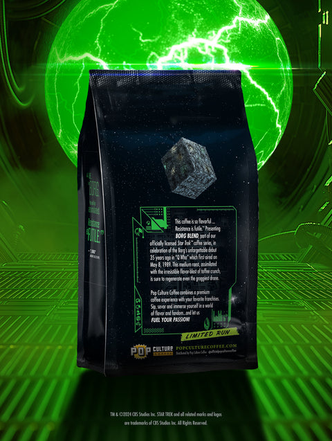 The Star Trek Borg Blend Toffee Crunch coffee bag, featuring collectible Star Trek: The Next Generation Borg artwork.