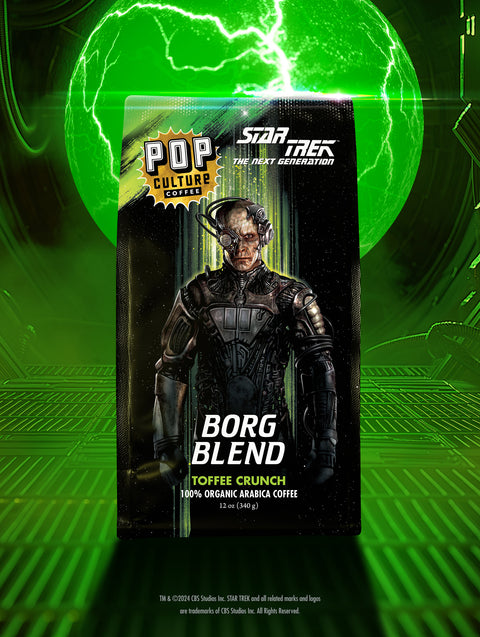 A package of Star Trek Borg Blend Toffee Crunch Coffee featuring an image of a Borg character from the Star Trek universe against a themed backdrop with lights.