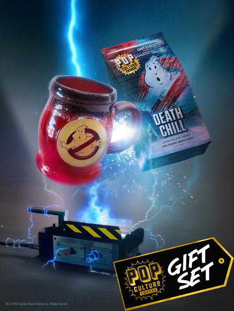 The Ghostbusters No-Ghost Logo gift set, showing the Firehouse Red mug next to a bag of Death Chill Chocolate Mint coffee.