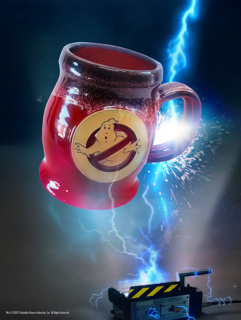 The official Ghostbusters Mooglie No-Ghost Logo mug by Deneen Pottery, featuring a Firehouse Red glaze.