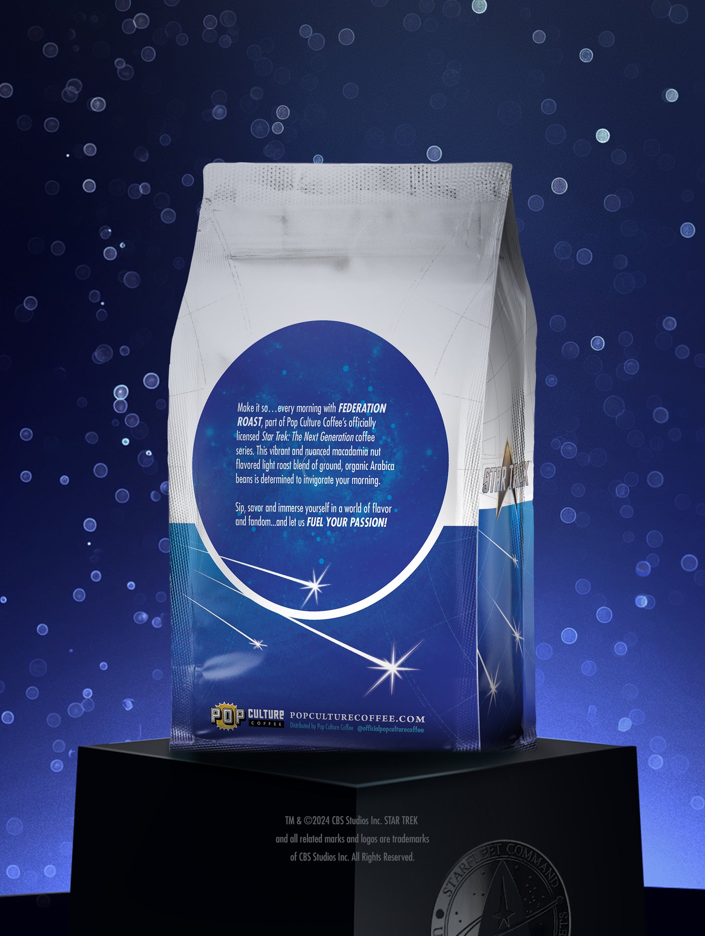 The Star Trek Federation Roast coffee bag, featuring collectible Federation-themed artwork.