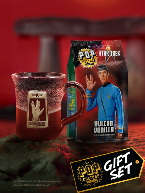 The Star Trek Vulcan gift set, showing the red marble Vulcan Salute mug next to a bag of Vulcan Vanilla coffee.