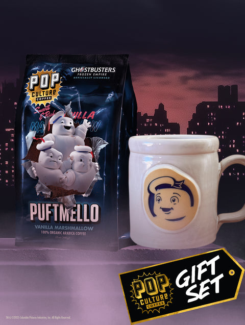 The Ghostbusters Mini Puft gift set, featuring the white handthrown mug and a bag of Puftmello vanilla marshmallow coffee.