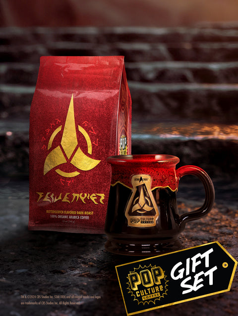 The Star Trek Klingon Raktajino gift set, showing the "black sunshine" glazed mug next to a bag of Raktajino coffee.