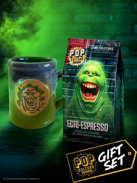 The Ghostbusters Slimer gift set, featuring the gooey green handthrown mug and a bag of Ecto-Espresso coffee.