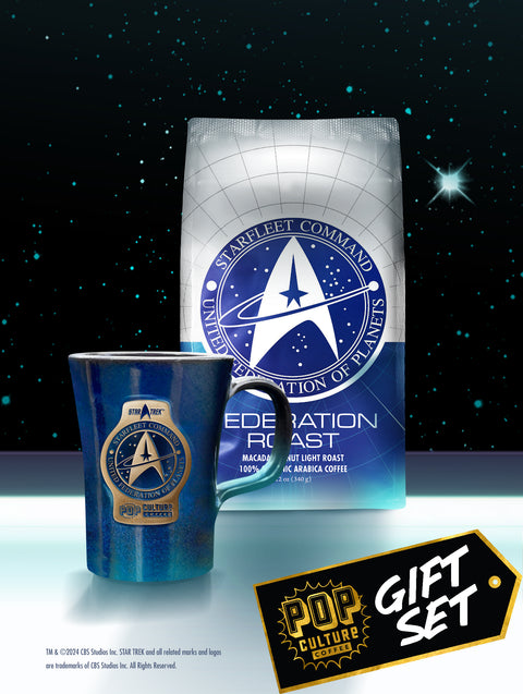 The Star Trek Starfleet Command gift set, showing the denim-dipped glaze mug next to a bag of Federation Roast coffee.