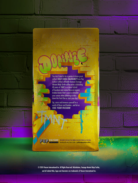 Limited edition bag of Teenage Mutant Ninja Turtles Half-Shell Hazelnut Creme coffee, featuring the character Donatello holding his bo staff.