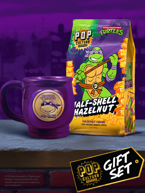 The Teenage Mutant Ninja Turtles Donatello gift set, featuring the purple handthrown mug and a bag of Half-Shell Hazelnut Creme coffee.