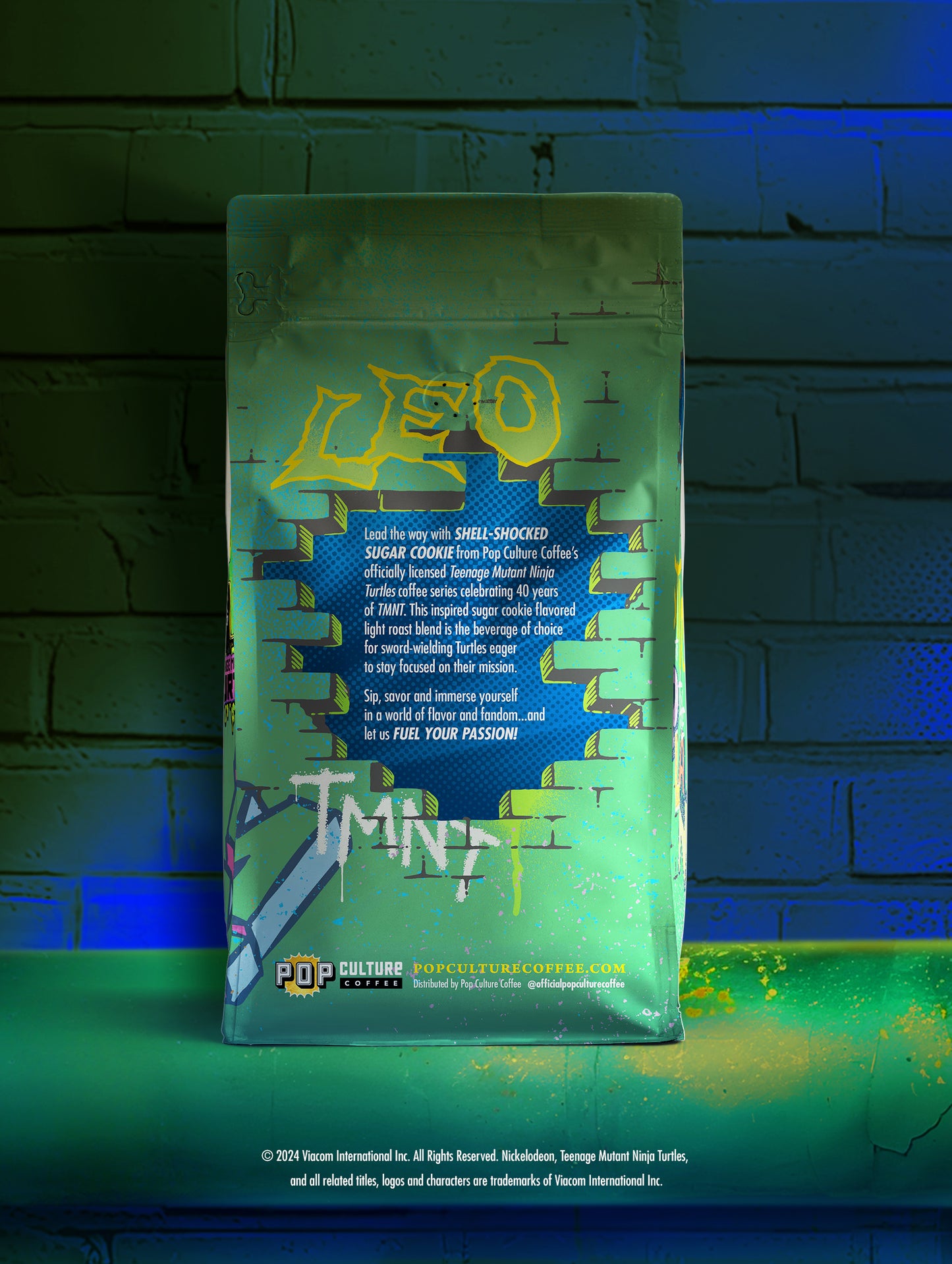 Limited edition bag of Teenage Mutant Ninja Turtles Shell-Shocked Sugar Cookie coffee, featuring the character Leonardo holding his katanas.