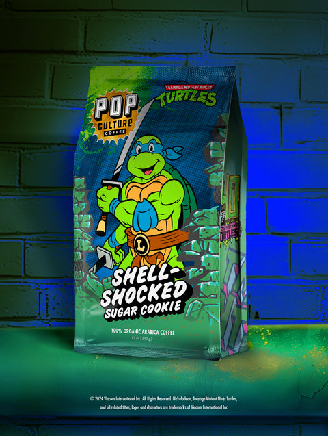 Limited edition bag of Teenage Mutant Ninja Turtles Shell-Shocked Sugar Cookie coffee, featuring the character Leonardo holding his katanas.
