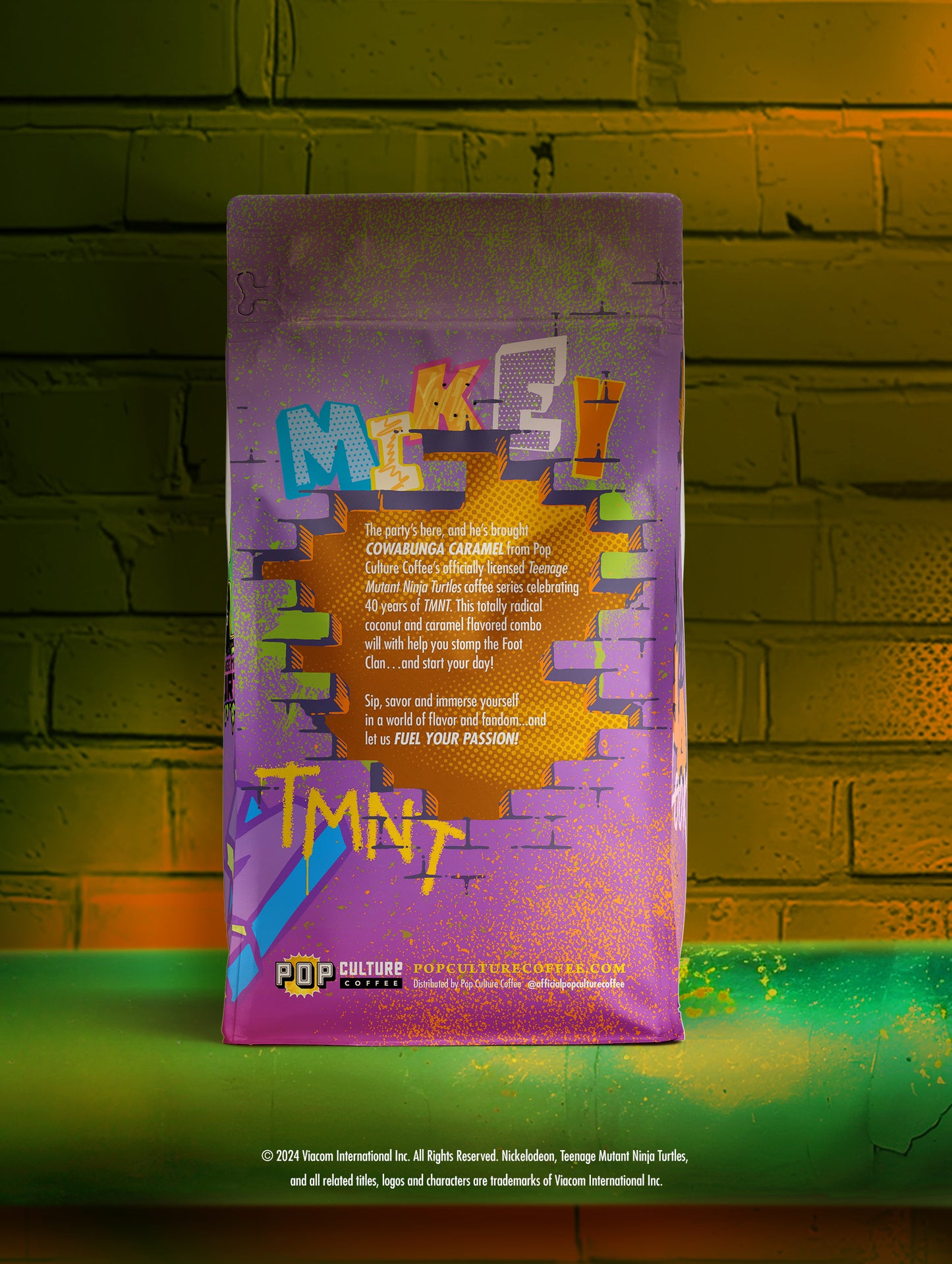 Limited edition bag of Teenage Mutant Ninja Turtles Cowabunga Coconut Caramel coffee, featuring Michelangelo.