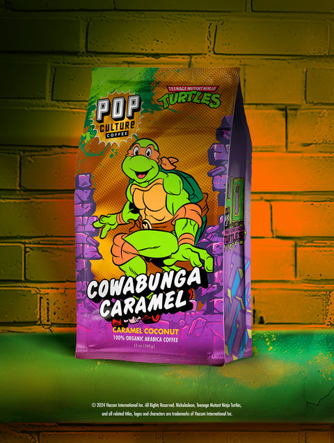 Limited edition bag of Teenage Mutant Ninja Turtles Cowabunga Coconut Caramel coffee, featuring Michelangelo.