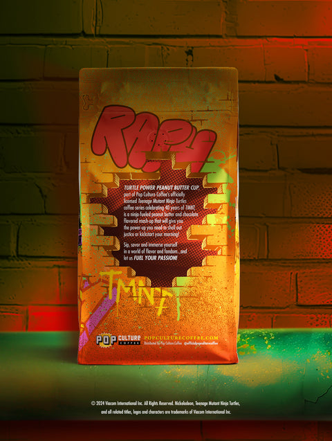 Limited edition bag of Teenage Mutant Ninja Turtles Turtle Power Peanut Butter Cup coffee, featuring the character Raphael.