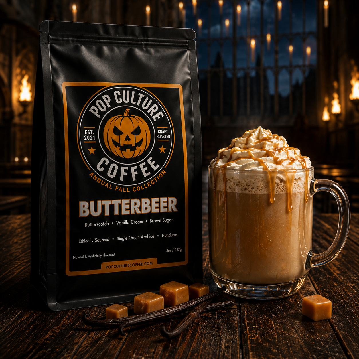 Butterbeer Coffee bag with caramel-topped coffee in a candlelit hall