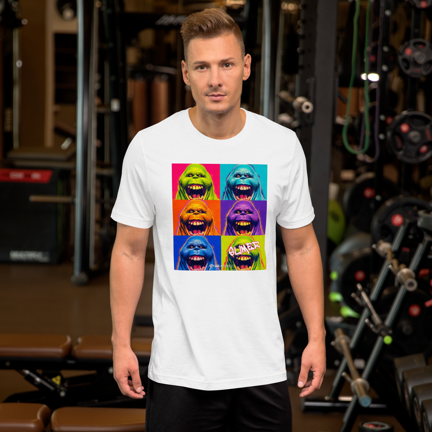 Man wearing the white Slimer Warhol pop-art T-shirt