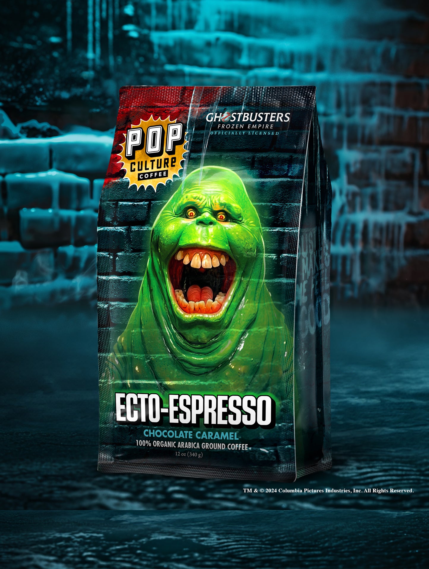 A 12oz bag of Ghostbusters Ecto-Espresso coffee, featuring collectible themed artwork.
