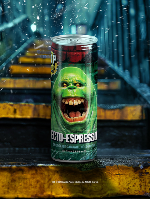 A close-up of a single can of Ecto-Espresso cold brew, showing the detailed artwork of Slimer.