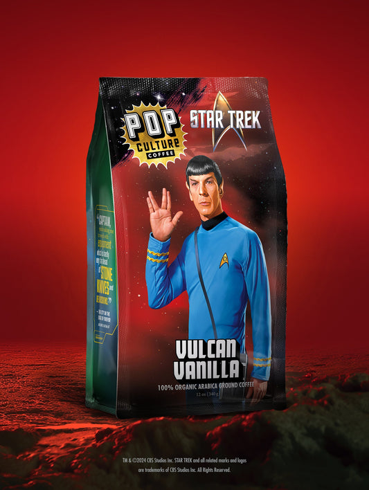 A package of Vulcan Vanilla coffee with Star Trek branding, featuring an image of a character in a blue uniform saluting.