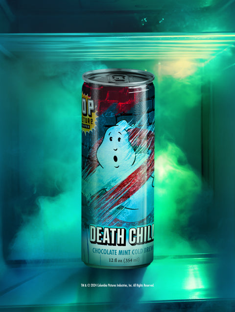 A close-up of a single can of Death Chill cold brew, showing the detailed artwork of a frozen, ghostly landscape.