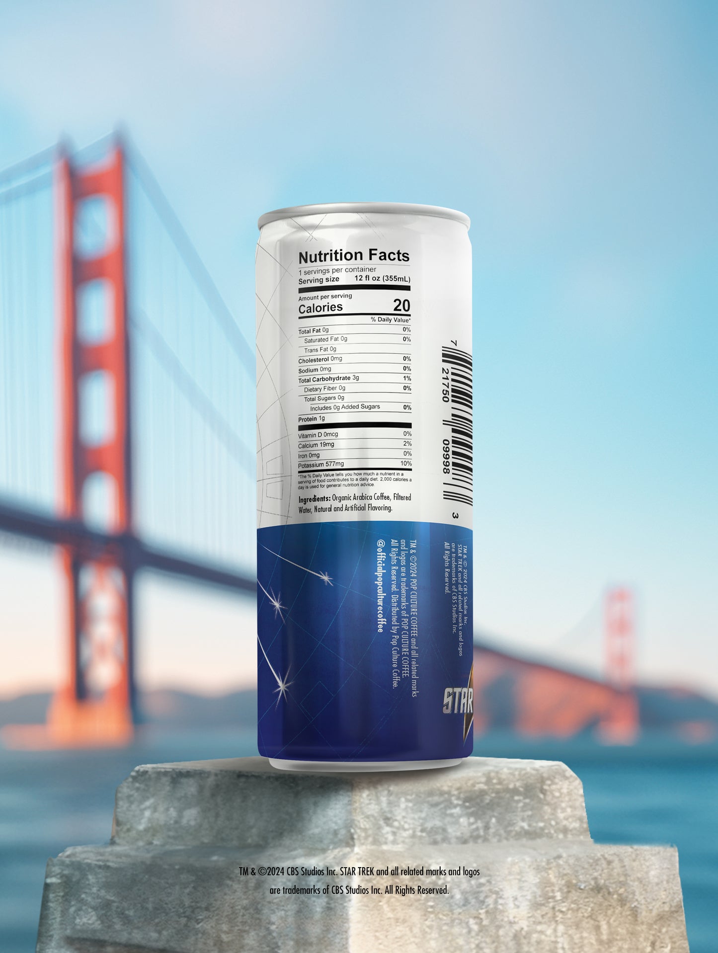 A close-up of a single can of Federation Roast cold brew, showing the detailed artwork of the U.S.S. Enterprise soaring through the stars.