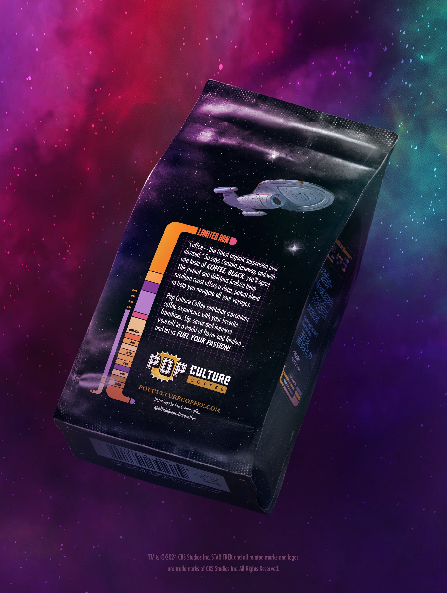 The Star Trek Coffee Black coffee bag, featuring collectible Star Trek: Voyager Captain Janeway artwork.