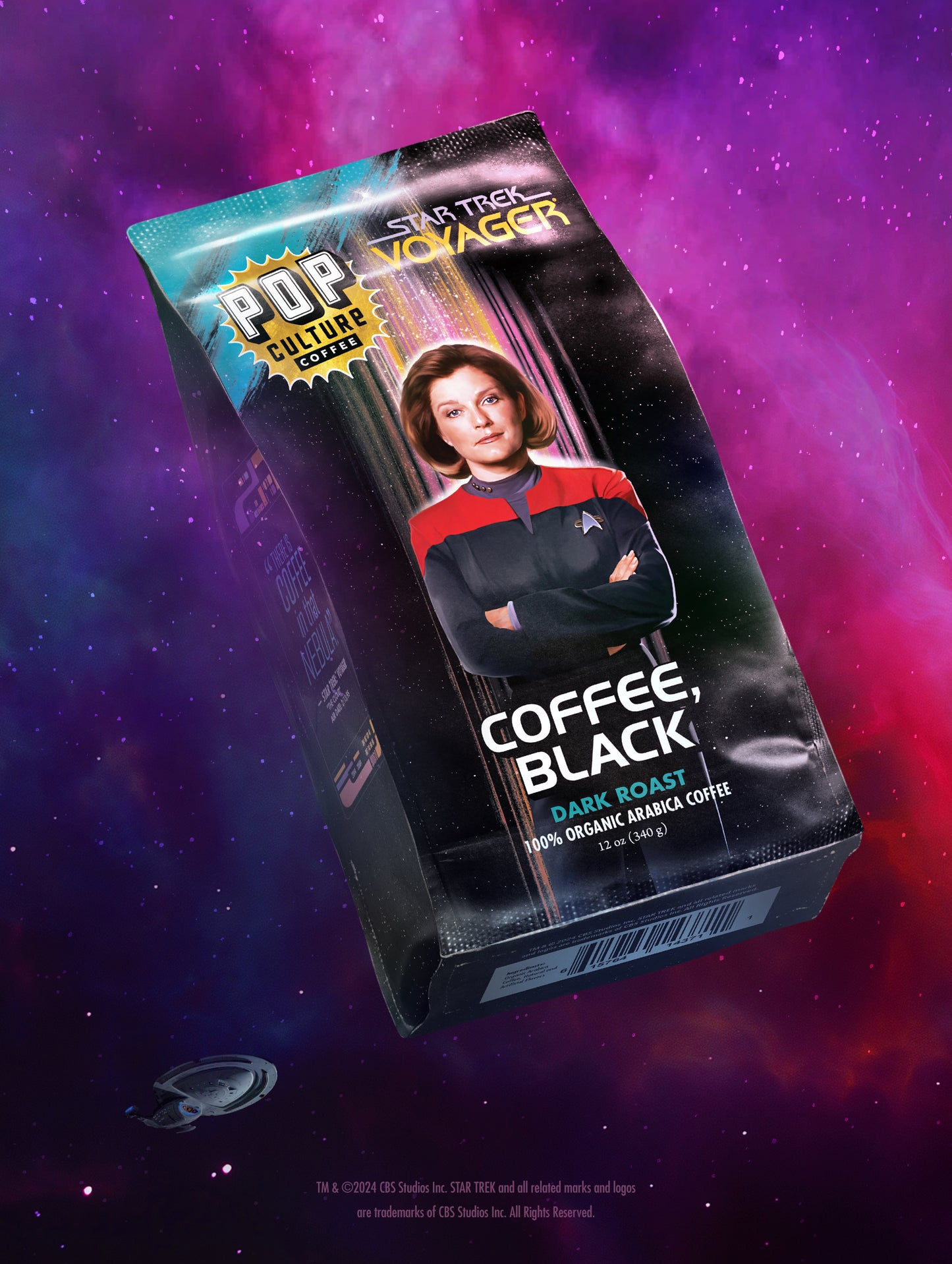The Star Trek Coffee Black coffee bag, featuring collectible Star Trek: Voyager Captain Janeway artwork.