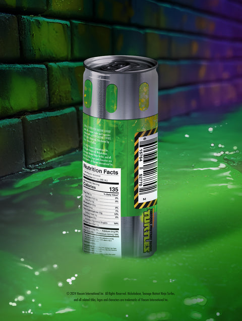 A close-up of a single can of OozeBrew, showing the green ooze design and the TCRI logo.