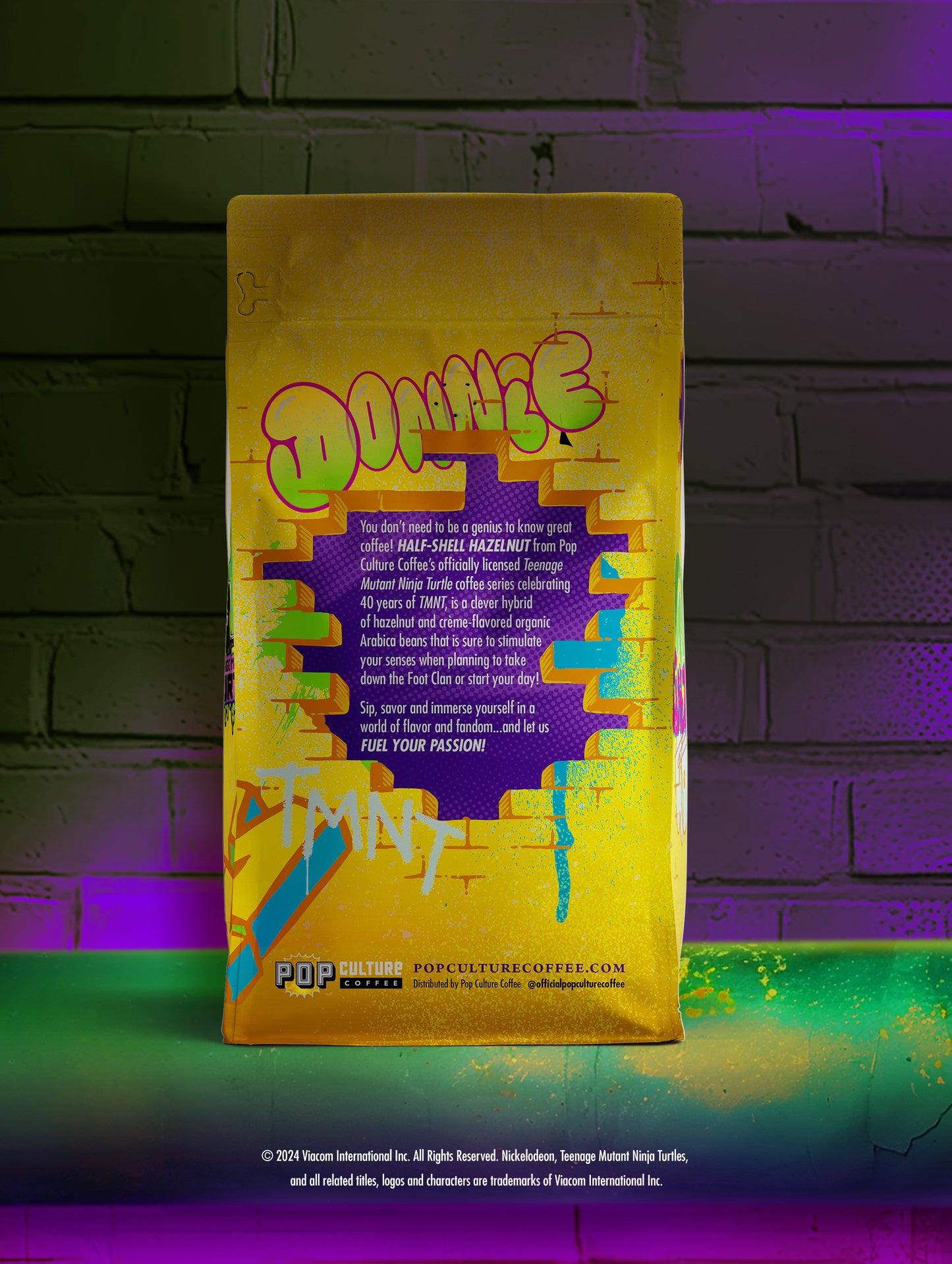 Limited edition bag of Teenage Mutant Ninja Turtles Half-Shell Hazelnut Creme coffee, featuring the character Donatello holding his bo staff.