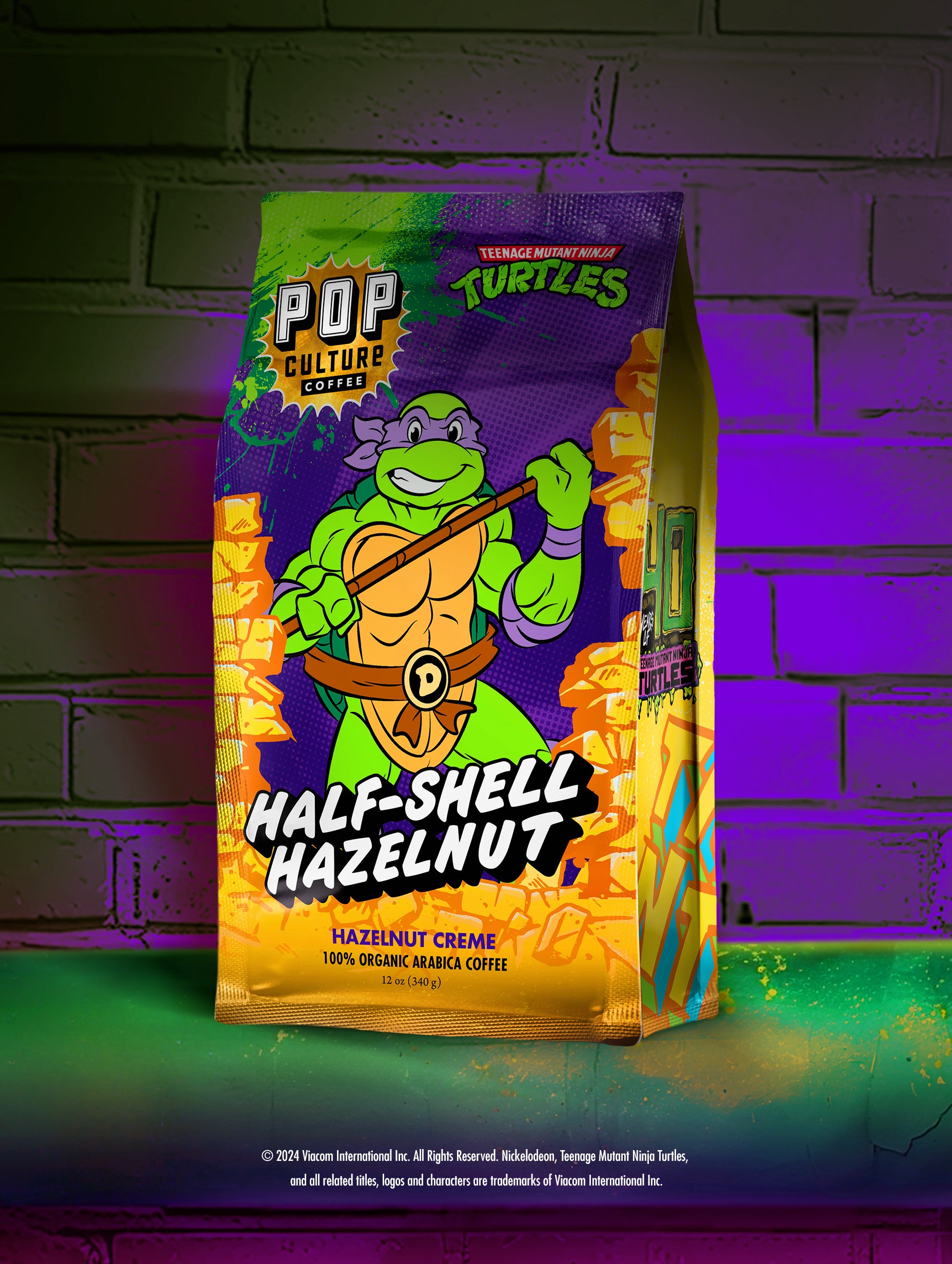 Limited edition bag of Teenage Mutant Ninja Turtles Half-Shell Hazelnut Creme coffee, featuring the character Donatello holding his bo staff.
