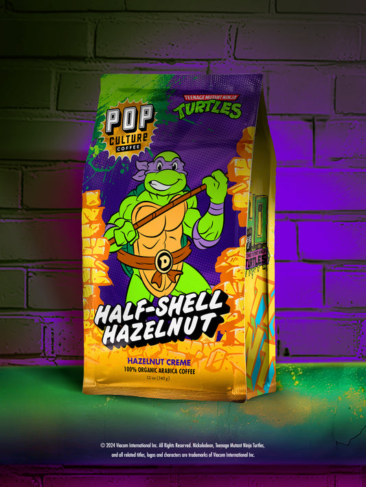 Limited edition bag of Teenage Mutant Ninja Turtles Half-Shell Hazelnut Creme coffee, featuring the character Donatello holding his bo staff.