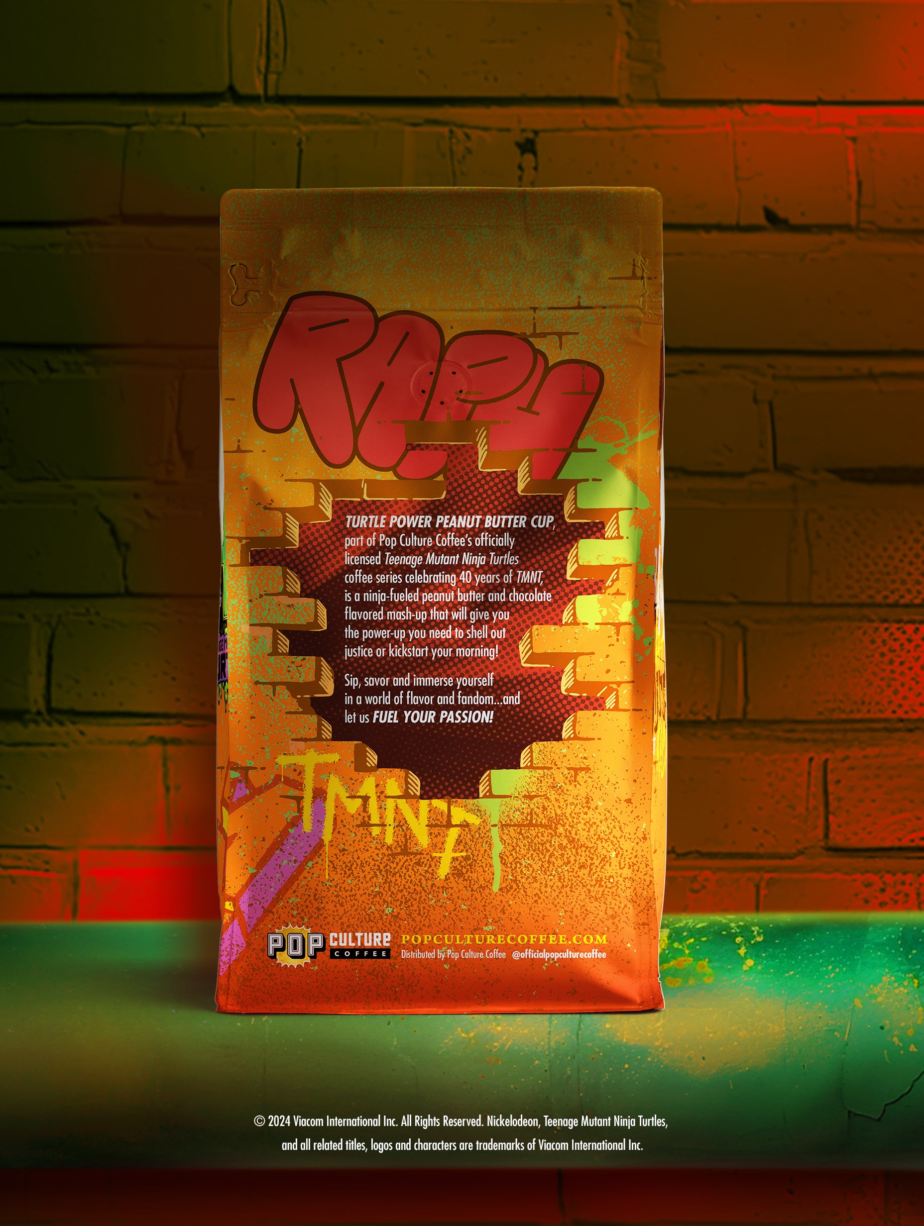 Limited edition bag of Teenage Mutant Ninja Turtles Turtle Power Peanut Butter Cup coffee, featuring the character Raphael.