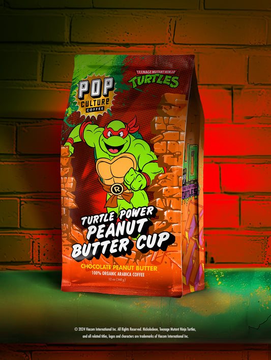 Limited edition bag of Teenage Mutant Ninja Turtles Turtle Power Peanut Butter Cup coffee, featuring the character Raphael.