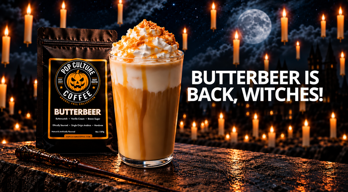 Butterbeer coffee and iced Butterbeer drink beneath floating candles