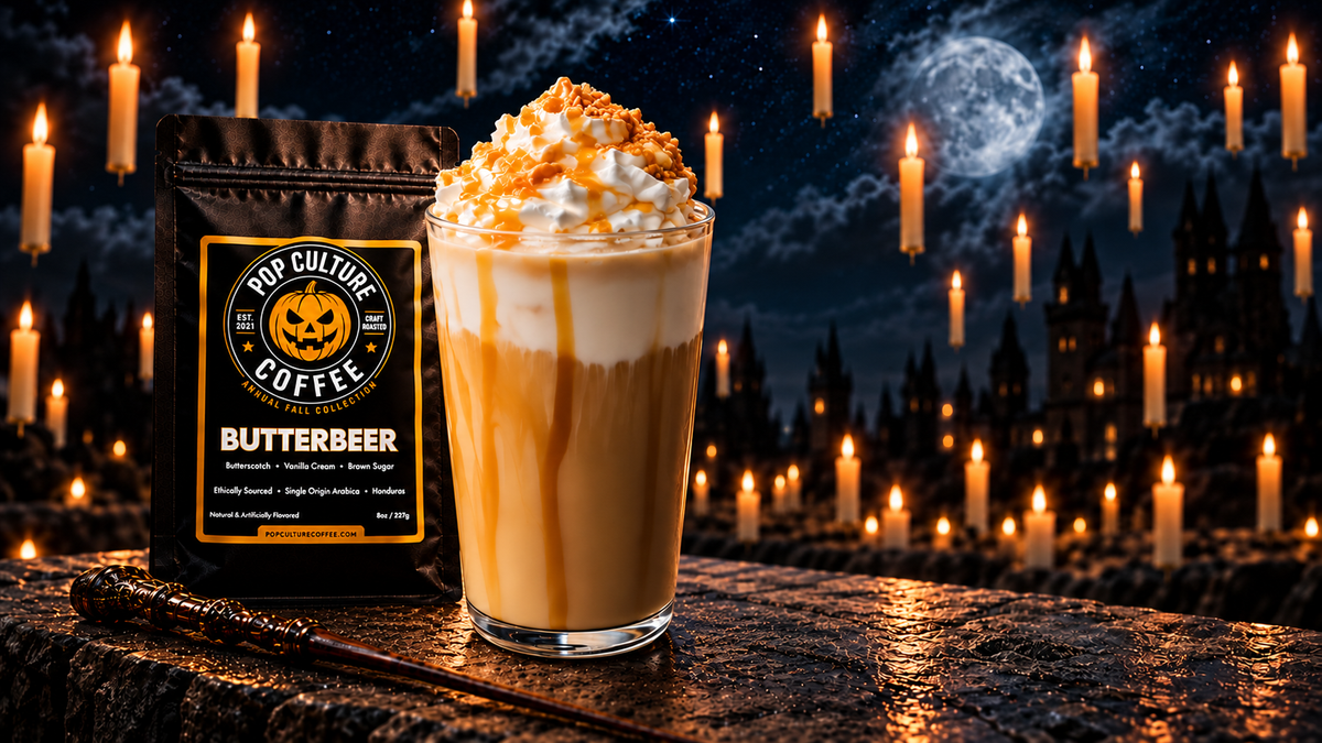 Butterbeer coffee and iced Butterbeer drink beneath floating candles