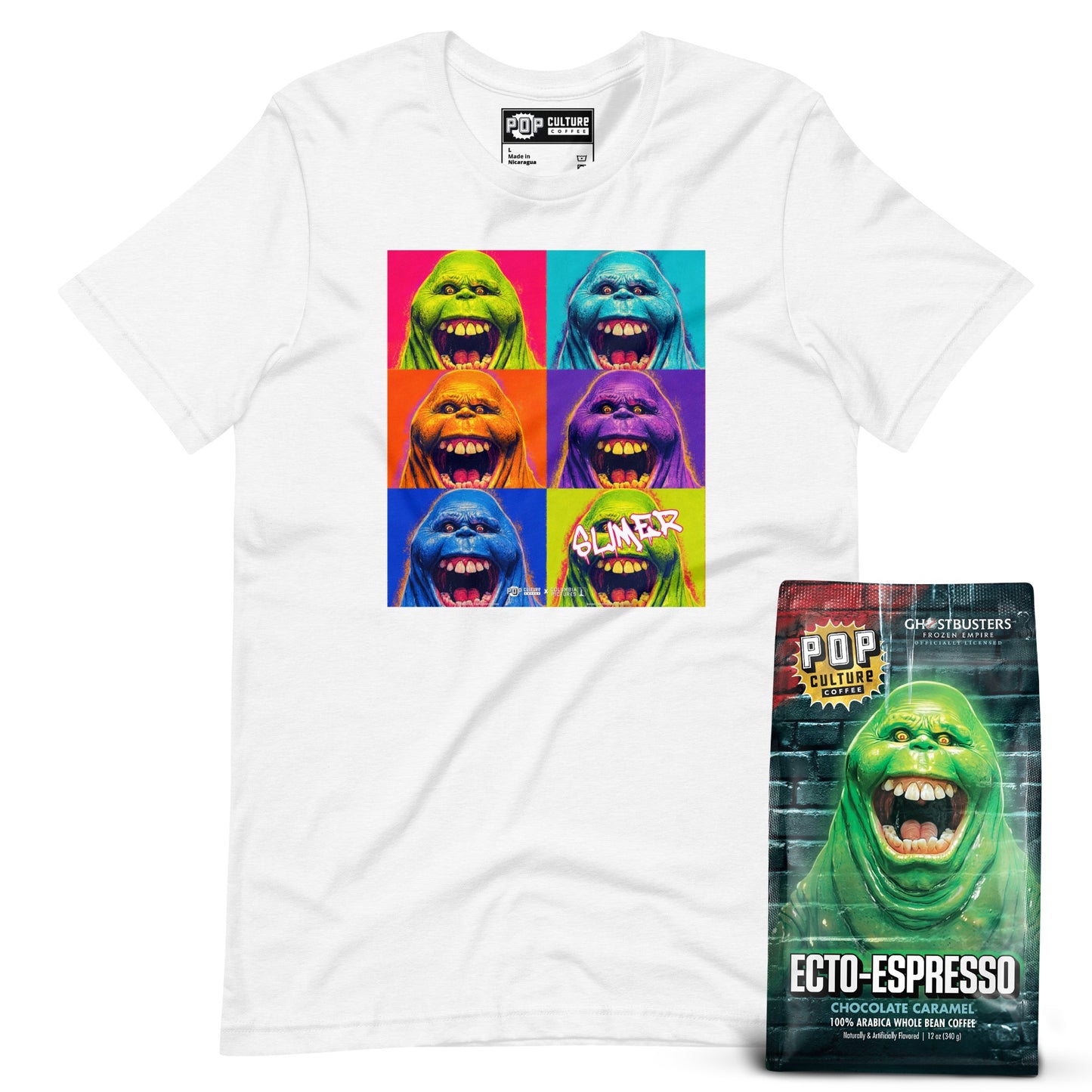 Ecto Espresso whole bean coffee and white Slimer Warhol T-shirt bundle