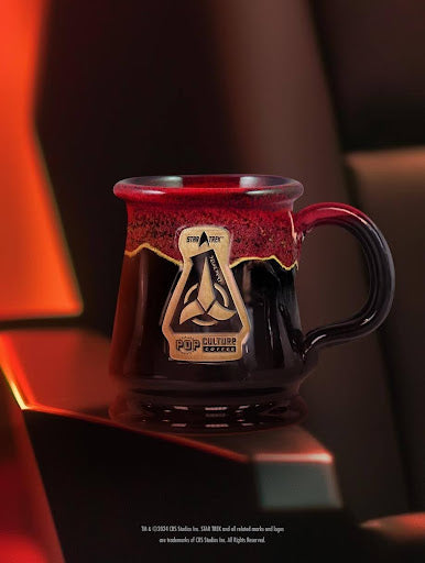 The handthrown Star Trek Klingon Raktajino mug, featuring a unique "black sunshine" glaze.