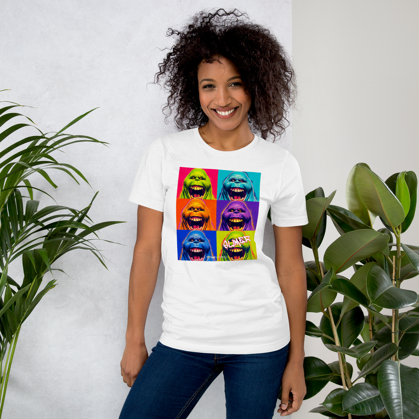 Woman wearing the white Slimer Warhol pop-art T-shirt