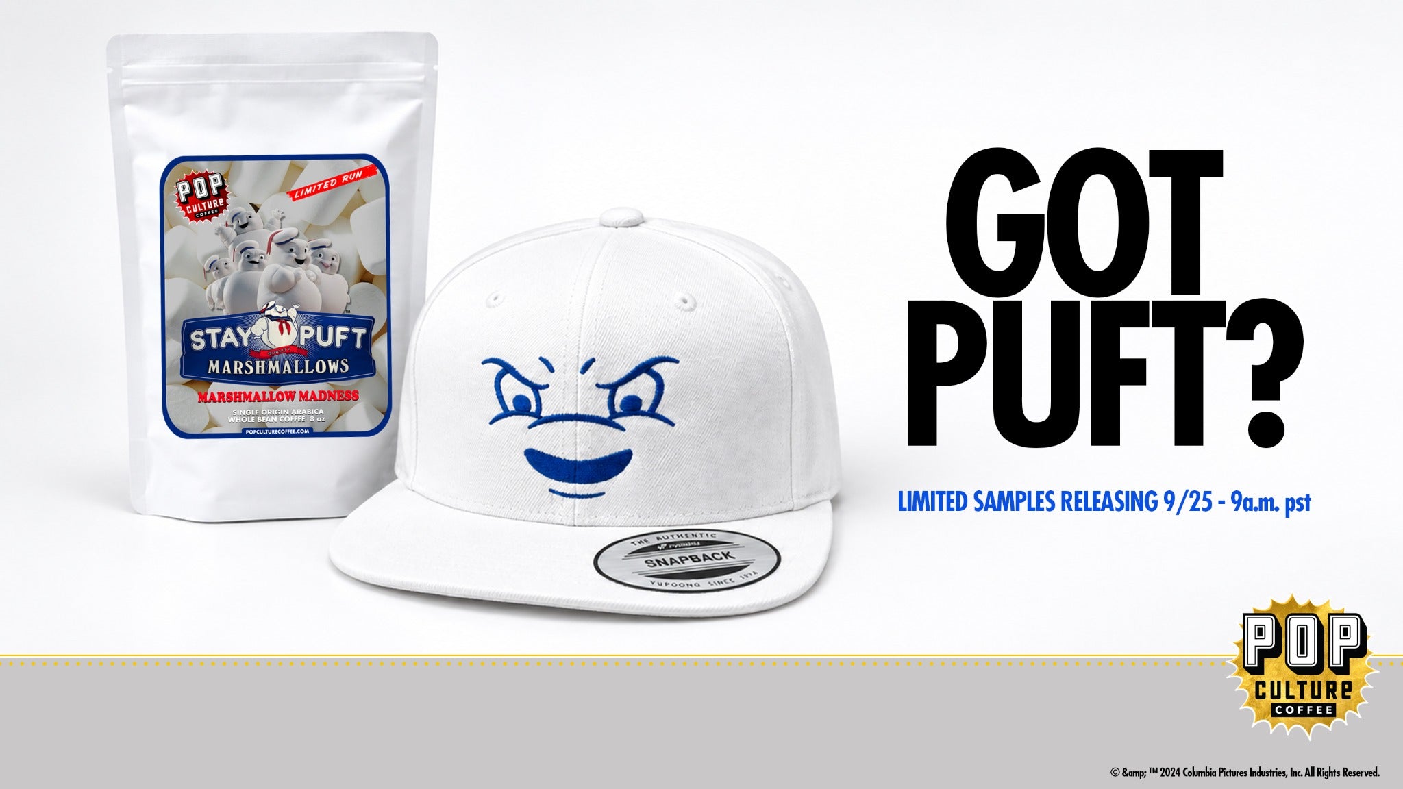 Stay Puft Marshmallow Madness whole bean coffee and embroidered snapback bundle